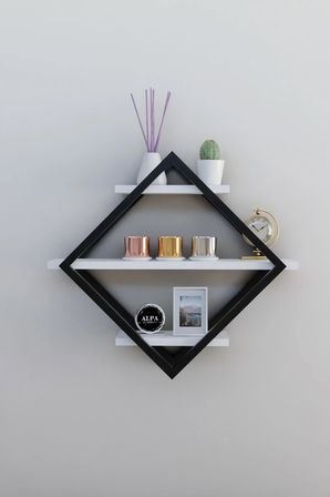 Alpa Ev Mobilya Baklava Desenli 3 Katlı Duvar Rafı ,Metal Çerçeveli Dekoratif Kitaplık, Modern Duvar Rafı, Salon ve Ofis Duvar Dekoru