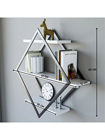 Alpa Ev Mobilya Baklava Desenli 3 Katlı Duvar Rafı ,Metal Çerçeveli Dekoratif Kitaplık, Modern Duvar Rafı, Salon ve Ofis Duvar Dekoru