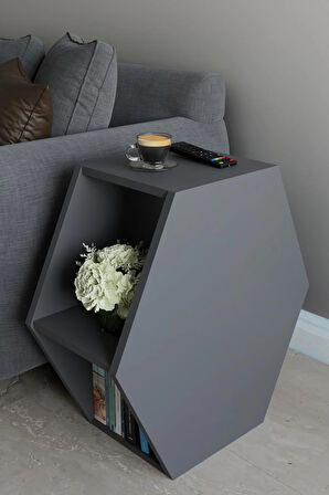 Alpa Ev Mobilya Altıgen Tasarım Yan Sehpa ,Modern Koltuk Yanı Sehpa, Dekoratif Kitaplık, Çok Amaçlı Salon Sehpası