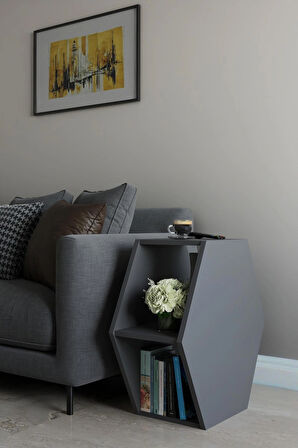 Alpa Ev Mobilya Altıgen Tasarım Yan Sehpa ,Modern Koltuk Yanı Sehpa, Dekoratif Kitaplık, Çok Amaçlı Salon Sehpası