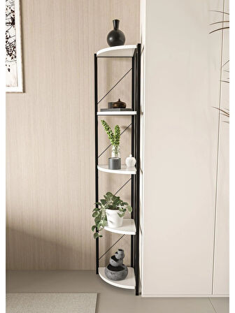 Alpa Ev Mobilya Üçgen Köşe Raf Metal Gövdeli 5 Raflı Dekoratif Kitaplık ,Çok Amaçlı Köşe Raf Ünitesi