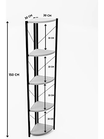 Alpa Ev Mobilya Üçgen Köşe Raf Metal Gövdeli 5 Raflı Dekoratif Kitaplık ,Çok Amaçlı Köşe Raf Ünitesi