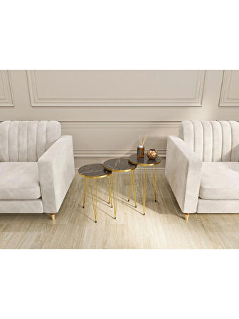 Alpa Ev Mobilya Gold Metal Ayaklı 3’lü Zigon Sehpa Seti Modern Yuvarlak Sehpa Takımı