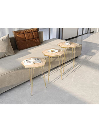 Alpa Ev Mobilya Sekizgen Gold Metal Ayaklı 3’lü Zigon Sehpa Seti Modern, Şık Salon Yan Sehpası