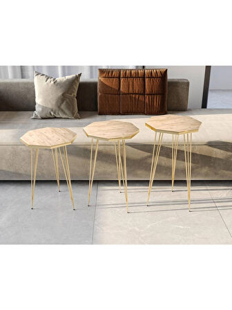 Alpa Ev Mobilya Sekizgen Gold Metal Ayaklı 3’lü Zigon Sehpa Seti Modern, Şık Salon Yan Sehpası