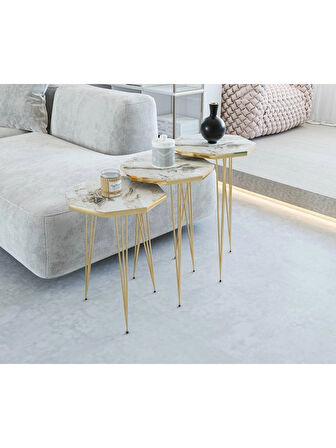 Alpa Ev Mobilya Sekizgen Gold Metal Ayaklı 3’lü Zigon Sehpa Seti Modern, Şık Salon Yan Sehpası