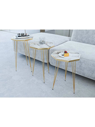 Alpa Ev Mobilya Sekizgen Gold Metal Ayaklı 3’lü Zigon Sehpa Seti Modern, Şık Salon Yan Sehpası