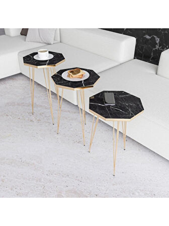 Alpa Ev Mobilya Sekizgen Gold Metal Ayaklı 3’lü Zigon Sehpa Seti Modern, Şık Salon Yan Sehpası