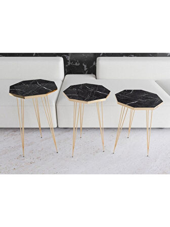 Alpa Ev Mobilya Sekizgen Gold Metal Ayaklı 3’lü Zigon Sehpa Seti Modern, Şık Salon Yan Sehpası