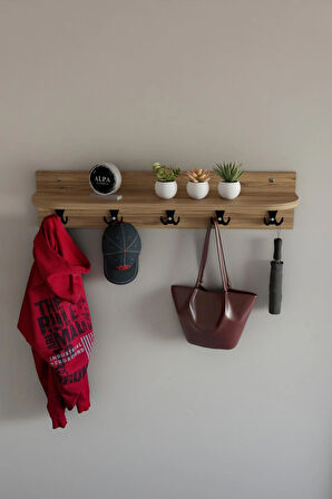 Raflı 5 Askılı Portmanto Duvar Askılığı, Elbise Askılığı, Modern Tasarım Organizer Askılık