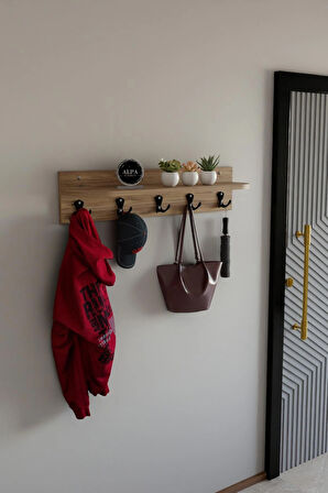 Raflı 5 Askılı Portmanto Duvar Askılığı, Elbise Askılığı, Modern Tasarım Organizer Askılık