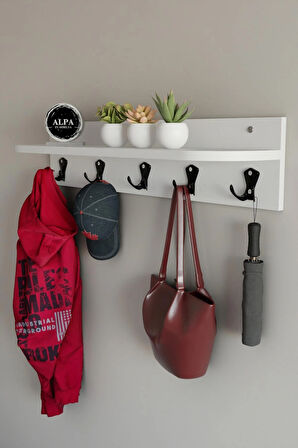 Raflı 5 Askılı Portmanto Duvar Askılığı, Elbise Askılığı, Modern Tasarım Organizer Askılık