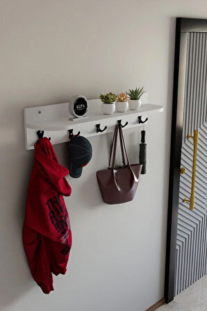 Raflı 5 Askılı Portmanto Duvar Askılığı, Elbise Askılığı, Modern Tasarım Organizer Askılık