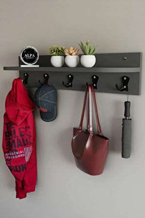 Raflı 5 Askılı Portmanto Duvar Askılığı, Elbise Askılığı, Modern Tasarım Organizer Askılık