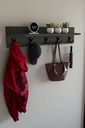 Raflı 5 Askılı Portmanto Duvar Askılığı, Elbise Askılığı, Modern Tasarım Organizer Askılık