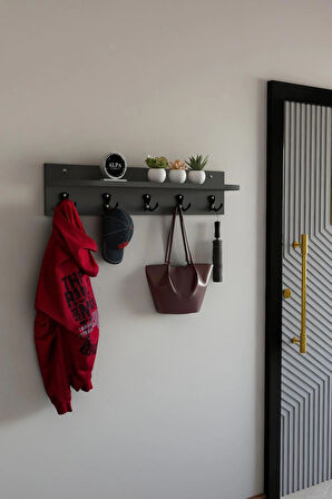 Raflı 5 Askılı Portmanto Duvar Askılığı, Elbise Askılığı, Modern Tasarım Organizer Askılık