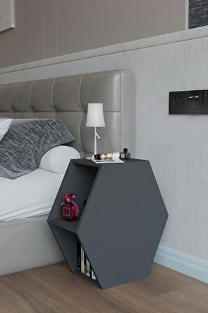 Alpa Ev Mobilya Altıgen Komodin, Modern Yatak Odası Başucu Sehpası, Dekoratif Kitaplık,Raflı Komodin