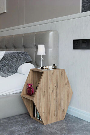 Alpa Ev Mobilya Altıgen Komodin, Modern Yatak Odası Başucu Sehpası, Dekoratif Kitaplık,Raflı Komodin