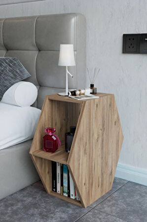 Alpa Ev Mobilya Altıgen Komodin, Modern Yatak Odası Başucu Sehpası, Dekoratif Kitaplık,Raflı Komodin