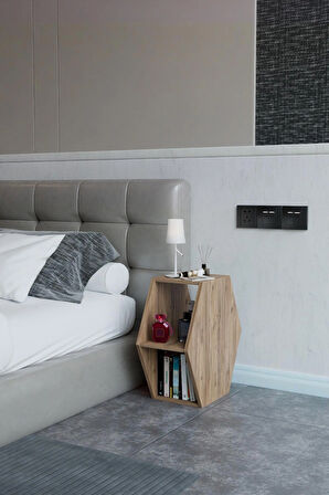 Alpa Ev Mobilya Altıgen Komodin, Modern Yatak Odası Başucu Sehpası, Dekoratif Kitaplık,Raflı Komodin