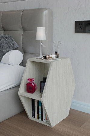 Alpa Ev Mobilya Altıgen Komodin, Modern Yatak Odası Başucu Sehpası, Dekoratif Kitaplık,Raflı Komodin