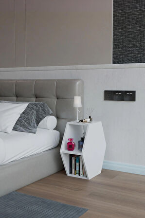 Alpa Ev Mobilya Altıgen Komodin, Modern Yatak Odası Başucu Sehpası, Dekoratif Kitaplık,Raflı Komodin