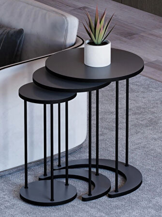 Alpa Ev Mobilya Ay 3’lü Yuvarlak Zigon Sehpa Seti, Modern Metal Ayaklı C Model Şık Yan Sehpa 