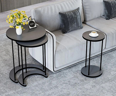 Alpa Ev Mobilya Ay 3’lü Yuvarlak Zigon Sehpa Seti, Modern Metal Ayaklı C Model Şık Yan Sehpa 