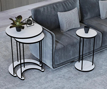 Alpa Ev Mobilya Ay 3’lü Yuvarlak Zigon Sehpa Seti, Modern Metal Ayaklı C Model Şık Yan Sehpa 