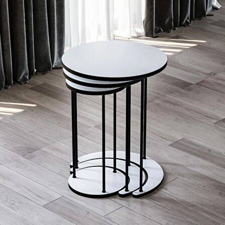 Alpa Ev Mobilya Ay 3’lü Yuvarlak Zigon Sehpa Seti, Modern Metal Ayaklı C Model Şık Yan Sehpa 