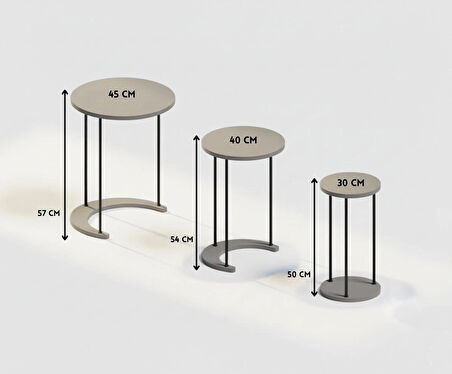 Alpa Ev Mobilya Ay 3’lü Yuvarlak Zigon Sehpa Seti, Modern Metal Ayaklı C Model Şık Yan Sehpa 