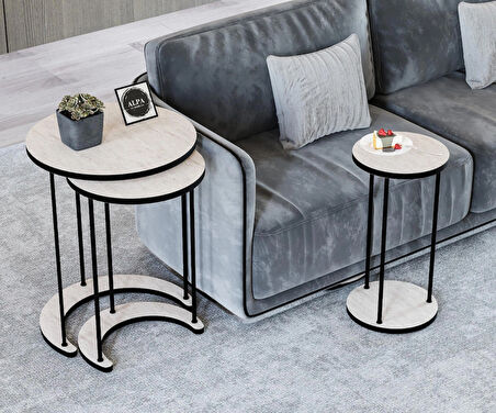 Alpa Ev Mobilya Ay 3’lü Yuvarlak Zigon Sehpa Seti, Modern Metal Ayaklı C Model Şık Yan Sehpa 