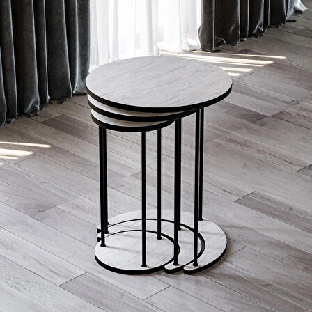 Alpa Ev Mobilya Ay 3’lü Yuvarlak Zigon Sehpa Seti, Modern Metal Ayaklı C Model Şık Yan Sehpa 