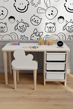 Alpa Ev Mobilya 3 Sepetli Çocuk Masa Sandalye Takımı – Yaz Sil Aktivite Masası, Bulut Sandalye, Ergonomik