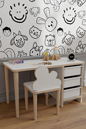 Alpa Ev Mobilya 3 Sepetli Çocuk Masa Sandalye Takımı – Yaz Sil Aktivite Masası, Bulut Sandalye, Ergonomik