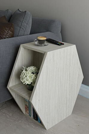 Alpa Ev Mobilya Altıgen Tasarım Yan Sehpa ,Modern Koltuk Yanı Sehpa, Dekoratif Kitaplık, Çok Amaçlı Salon Sehpası