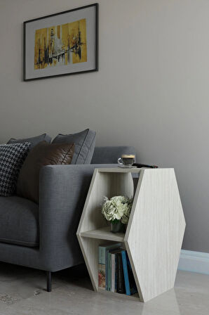 Alpa Ev Mobilya Altıgen Tasarım Yan Sehpa ,Modern Koltuk Yanı Sehpa, Dekoratif Kitaplık, Çok Amaçlı Salon Sehpası