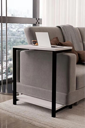 Modern Yan Sehpa Metal Gövdeli Koltuk Yanı Servis Sehpası Çalışma Masası, Alt Raflı Düzenleyici 56x32x65 cm