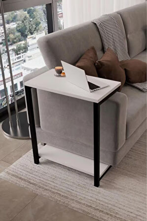 Modern Yan Sehpa Metal Gövdeli Koltuk Yanı Servis Sehpası Çalışma Masası, Alt Raflı Düzenleyici 56x32x65 cm