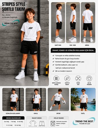 Yazlık Üst Siyah 4 Çizgi Alt Beyaz 4 Çizgi Baskılı Erkek Çocuk Siyah Şort, Beyaz T-Shirt 