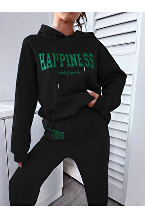 Kadın Happiness Baskılı Oversize Kapüşonlu Takım