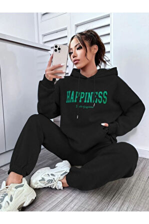 Kadın Happiness Baskılı Oversize Kapüşonlu Takım