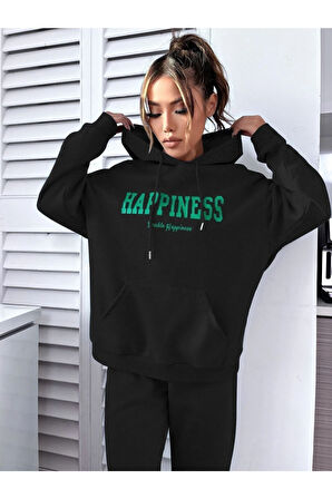 Kadın Happiness Baskılı Oversize Kapüşonlu Takım