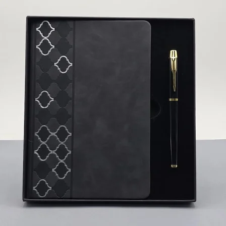 Desenli Siyah Deri Defter Kalem Set