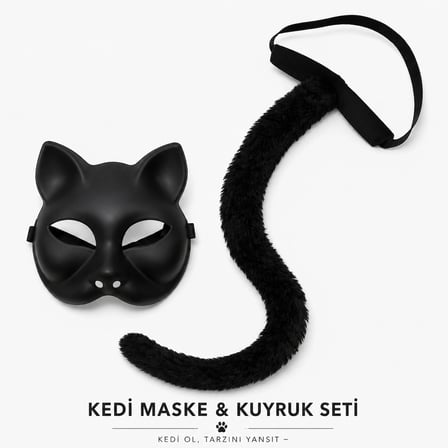 Siyah Kedi Maskesi ve Peluş Kuyruk Kostüm Seti 70 cm