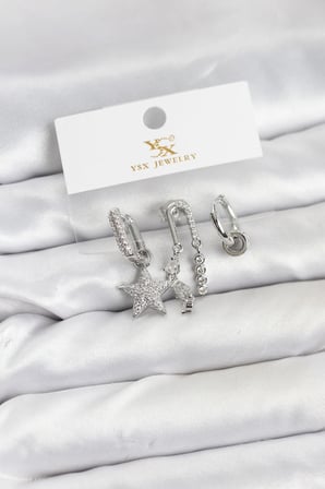 Pirinç Gümüş Renk Zirkon Taşlı Yıldız Vintage Model YSX Trio Küpe Seti