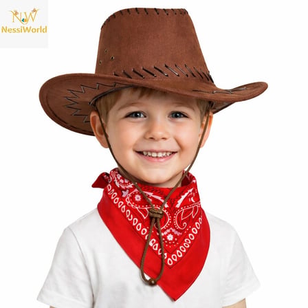 Çocuk Kovboy Şapka Kahverengi & Kırmızı Bandana Seti