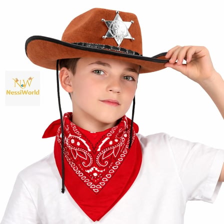 Çocuk Kovboy Şapka Rozetli Kahverengi & Kırmızı Bandana Seti