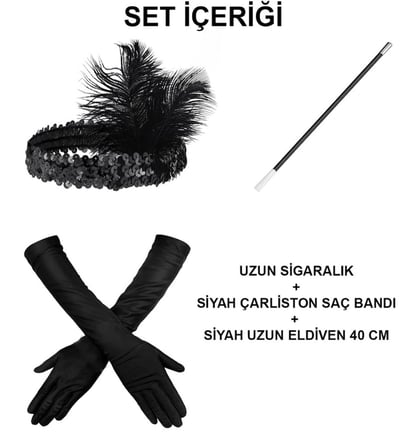 Gatsby Aksesuar Seti – Siyah Charleston Saç Bandı, Uzun Eldiven & Sigaralık