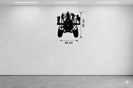 Gamer Oyun Odası Dekoratif Duvar Saati - 40x40 cm Lazer Kesim Ahşap Joystick ve Oyun Karakterli Saat